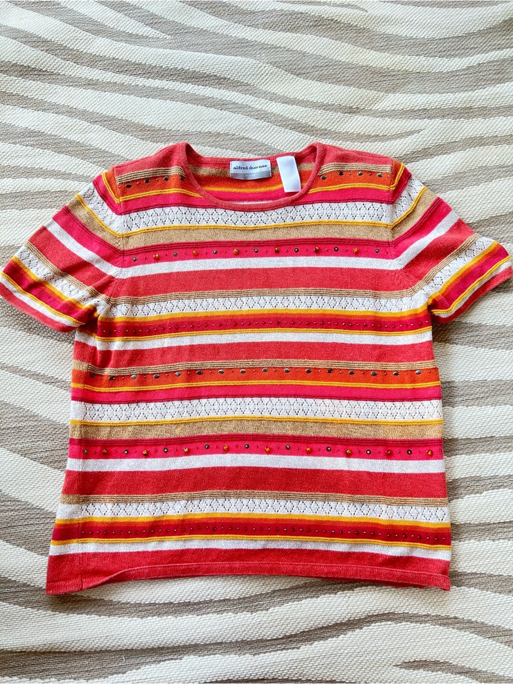 Alfred Dunner Striped Short-Sleeve Knit Top - Pink/Red/Yellow with beaded detail